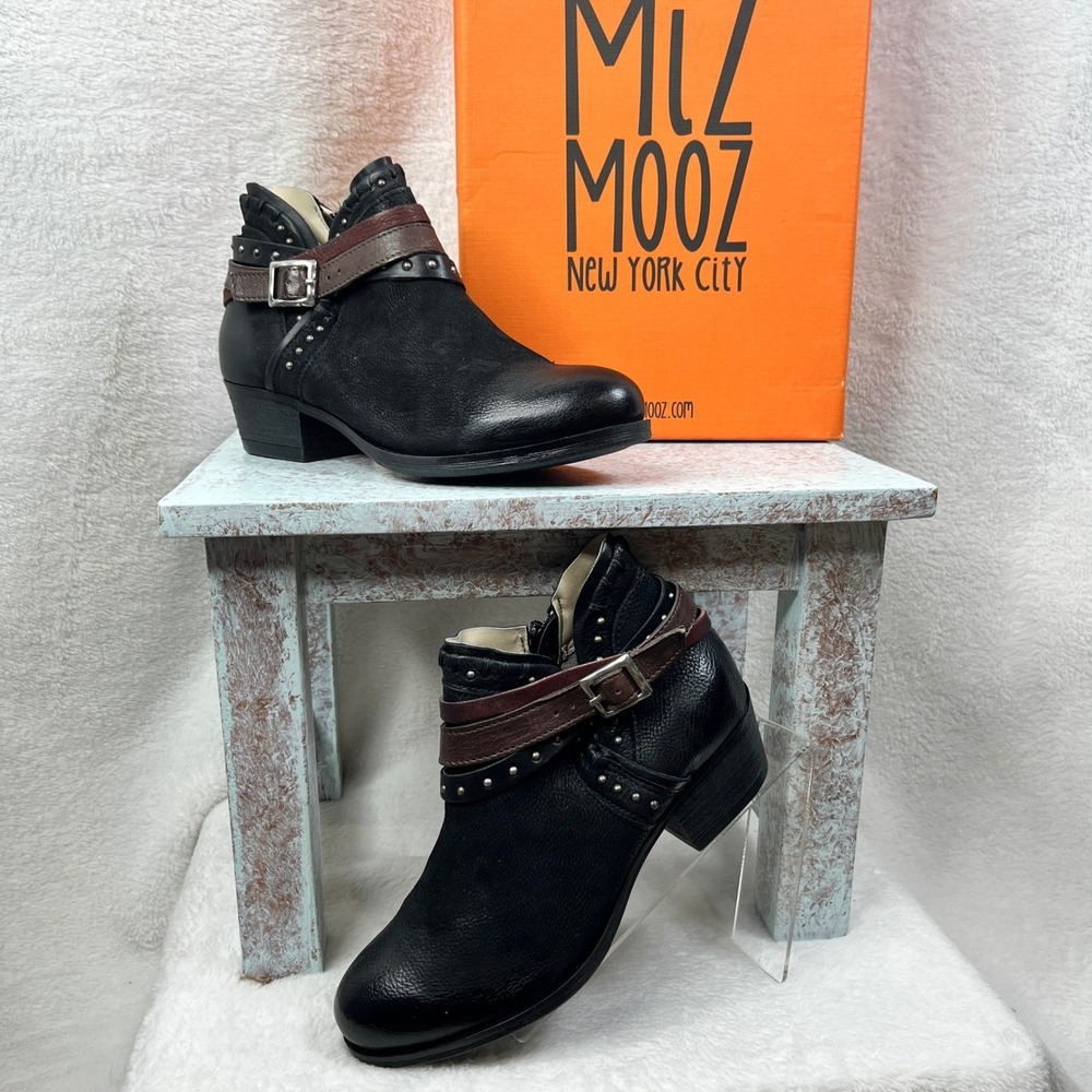 Miz Mooz Booker Black Leather Studded Buckle Ankle Boots Women Size EU 38